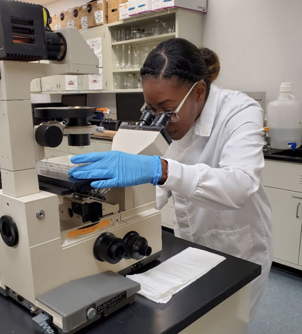 Dr. Courtney Thomas conducts toxicology
research at NAMRU-D.